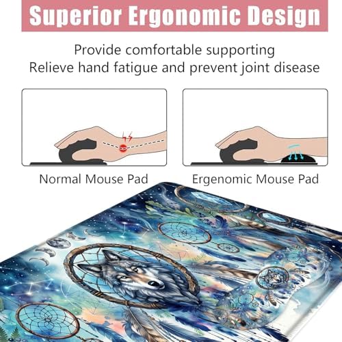 Large Keyboard Mouse Pad Set, Extended Mouse Pad+Keyboard Wrist Rest Support, Memory Foam Ergonomic Easy Typing, 4Pcs (31.5×11.8 in) Desk Pad Set for Office Home,Cool Wolf Dream Catcher - Image 5