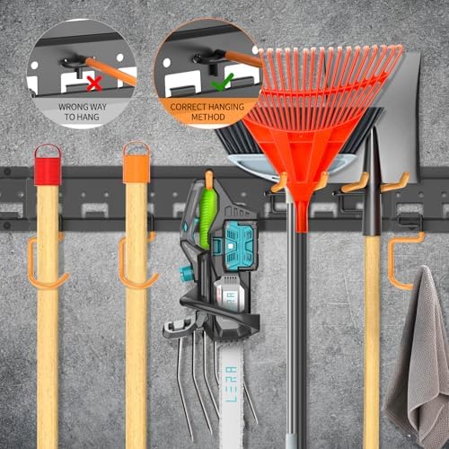 Garden Tool Organizer Wall Mount - Garage Storage and Organization Yard Tool Hanger with Adjustable Pegboard Hooks Shed Rack for Broom Mop Shovel Rake Trimmers, 32 inch Max 350lbs, Black - Image 6