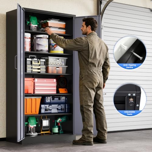 MIIIKO Metal Storage Cabinet with 5 Shelves and Locking Doors, 72" Tall Steel Garage Storage Cabinets for Home Office, Garage, Workshop, Warehous(Black Gray) - Image 6