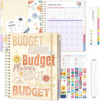 Ospelelf Budget Planner Undated, Money Expense Tracker with Pocket & Stickers, Thick Cardboard Cover, Large Pages for Spacious Writing, Original Fun Colorful Design, 12 Month Financial Notebook Beige by OspelelfOfficeSupplies
