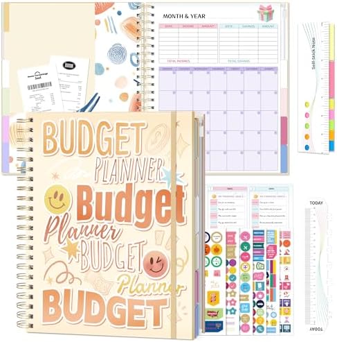 Ospelelf Budget Planner Undated, Money Expense Tracker with Pocket & Stickers, Thick Cardboard Cover, Large Pages for Spacious Writing, Original Fun Colorful Design, 12 Month Financial Notebook Beige by OspelelfOfficeSupplies