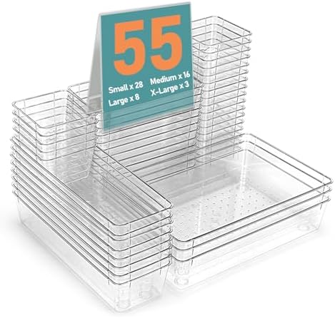 55Pcs Clear Plastic Drawer Organizers Set, 4size makeup drawer organizer trays for vanity,desk,bathroom,office,nightstand,gadgets for kitchen drawer, Versatile drawer divider storage bins by VEXTHYXOfficial