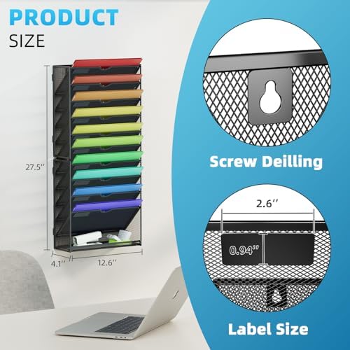 Marbrasse Wall File Holder 11-Tier Hanging Wall File Organizer, for Papers, Files Clipboard & Magazine Organizer, Wall Mount File Holder Great for Office Home (Black) - Image 2