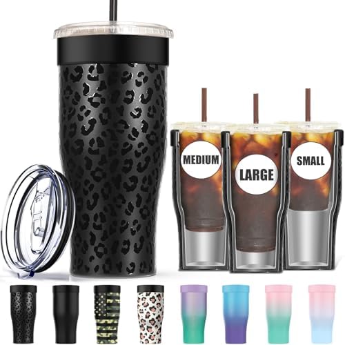 Universal Iced Coffee Sleeve - Upgraded Double Wall Reusable Stainless Steel Holder Sleeves Insulator for Cold Drinks Fits Starbucks Dunkin Donuts McDonalds Small Medium Large Cup (Black Leopard) by NICEYOS