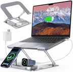 Meifigno Laptop Stand with Wireless Charging Station Base, Foldable Aluminum MacBook Holder with MagSafe Charger for iPhone/iWatch/AirPods, 30W USB-C Wired Charging for Laptop/iPad, with 65W Adapter by Meifigno