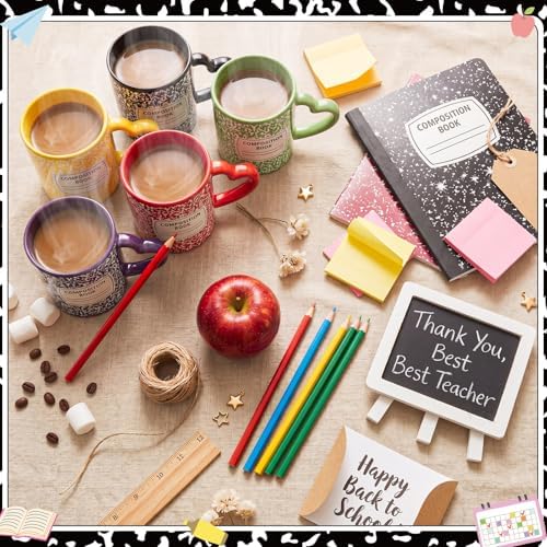 Pickmesh 6 Set Composition Book Mug with Heart Handle 10oz, Back to School Teacher Gift, Cute Teacher Mug Ceramic Coffee Cup, 6 Colors, Classroom Novelty Gift - Image 3