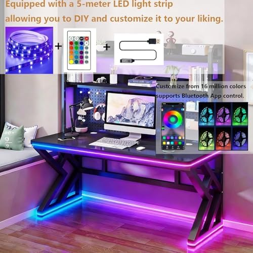 Gaming Desk with Hutch and Pegboard, RGB LED Lights & Charging Station - Image 6