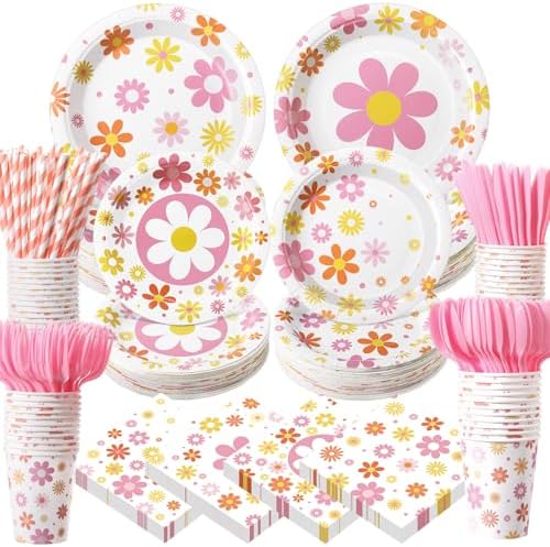 450 Pcs Tableware Set, Serve 50, Colorful, Groovy Daisy Flower by Unknown
