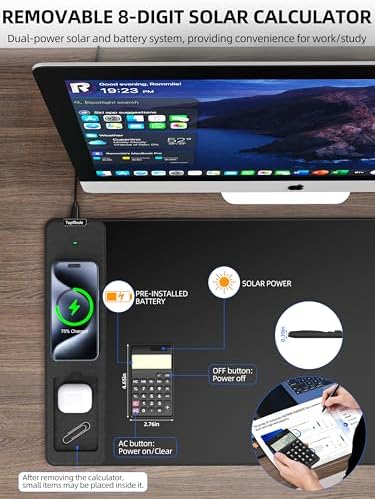 Mouse Pad with 15W Wireless Charging, Removable 8-Digit Solar Calculator - Image 4