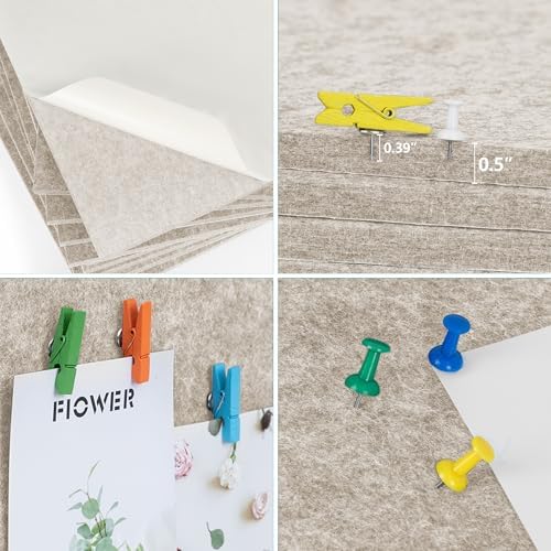 AKTOP Cork Bulletin Board 12x12, 1/2" Thick Felt Cork Board Tiles 12 Pack, Small Square Pin Board for Wall, Self Adhesive Corkboards with 120 Push Pin Wood Clips for School, Home & Office, Latte - Image 5