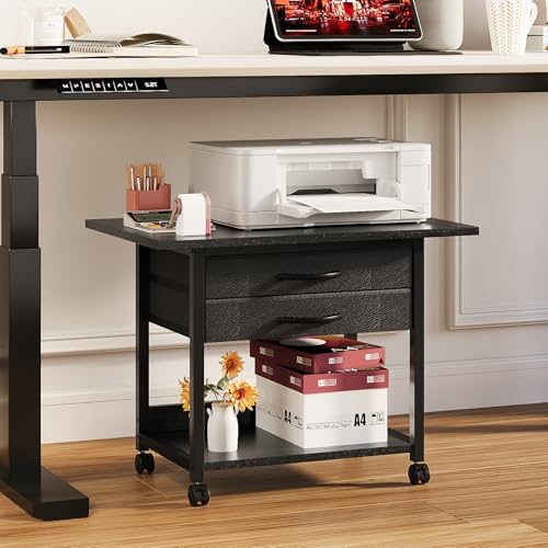VENNQD Large Printer Stand with Storage Fabric Drawer Under Desk Printer Table with Wheels for Home Office, Printer Cart fit Fax Machine Scanner 23.4"x15.7" (Black, 2 Tiers) - Image 2
