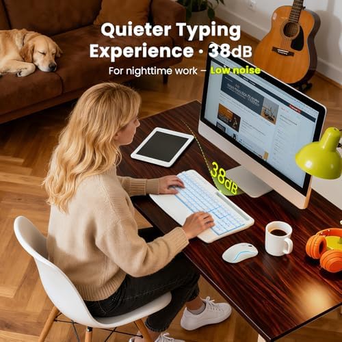 White Keyboard and Mouse Wireless Combo, 4000mAh Rechargeable Backlit Quiet Keyboards mice Set, USB Ergonomic Key Board with Wrist Rest & Phone Holder for PC, Mac, Windows, Natural Soft Typing - Image 5