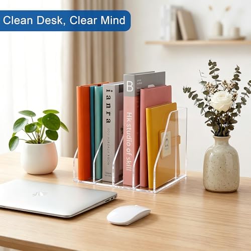 Febwind Clear Acrylic Vertical File Organizer, 4 Compartment Desk Organizer Magazine Holder, Thick Transparent Folder Rack for Documents, Books, Files for Office Home Classroom - Image 3