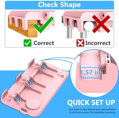 Hiree Bedside Shelf for Dorm Bunk Bed with USB Charging Port and 2 AC Outlets, Bed Side Table Tray Organizer, College Dorm Essential, Clip On Bedside Tray, Cool Teen Girls Trendy Stuff (Pink) - Image 4
