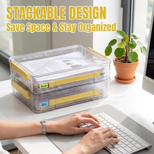 Clear Document Box, Deep A4 Paper Storage Organizer with Snap Latches, Stackable File Case for Certificates Photos Letter Size, Magazine Protector, 14.37" x 9.44" x 2.75" (2 Pack), Yellow - Image 5