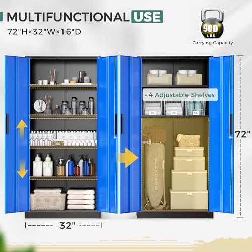 Greenvelly Metal Garage Storage Cabinet, 72" Tall Steel Storage Cabinets with 2 Doors and 4 Adjustable Shelves, Metal Tool Cabinets, Locking File Cabinet for Home Office, Garage, School (Black Blue) - Image 4