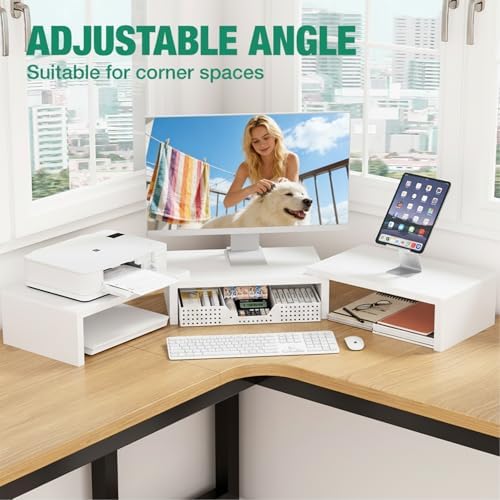 OPNICE Dual Computer Monitor Stand Riser, Desk Organizer with Drawer, Office Desk Accessories & Workspace Organizers for Home Office Supplies, White - Image 4