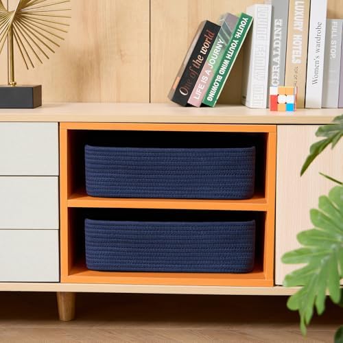 MiniArk Large Shallow Organizing Baskets 15x11x5.1 Inches - Rope Woven Storage Bins for Bathroom, Shelves, Cube Closet, Navy Blue 3 Packs - Image 4