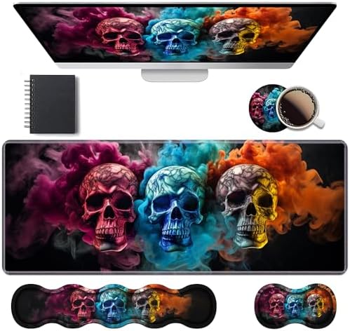 Ergonomic Keyboard Wrist Rest & Mouse Pad Wrist Rest Set, Large XXL Gaming Desk Mat 31.5"x 11.8" with Memory Foam, Easy Typing Pain Relief for Office & Home, Colored Skull by Unknown