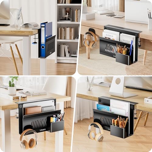 Litwaro Desk Side Storage Organizer, No Drill Laptop Holder Clamp on Desk Shelf with Magnetic Pen Holder, Hanging Organizer Fits Flat Edge Desks 0.4" to 2.1" (Black) - Image 7