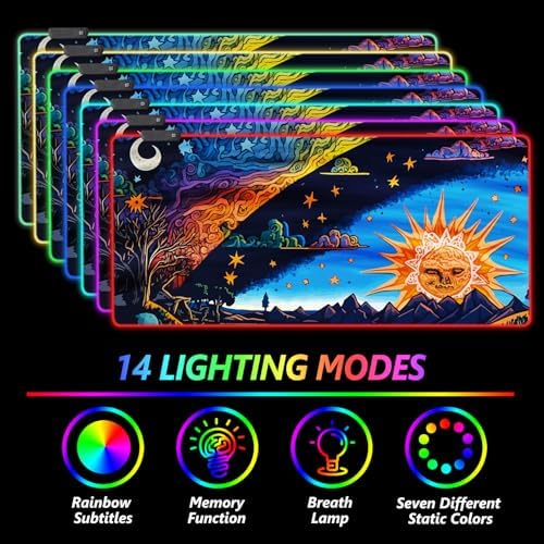 AIMSA Large Gaming Mouse Pad RGB, Keyboard Led Mousepad Extended 35.4 x 15.8 inch Non-Slip Rubber Base with 14 Lighting Modes Desk Mat, Abstract Sun - Image 3