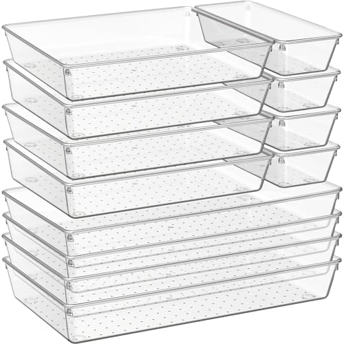 Criusia 12 Pack Large Clear Plastic Drawer Organizer Trays | MULTI-USE Acrylic Drawer Storage for Kitchen, Bathroom, Makeup, Office, School, Undies | College Dorm Room, Home Apartment Essentials by Criusia