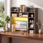 LDAILY Desktop Bookshelf with LED Lights, 35.5’’ Wooden Desk Shelf with 8 Cubes & 3 Adjustable Storage Shelves, 5-Tier Desk Hutch for Dorm College Office Computer Monitor Up to 25’’(Grey Oak) by LDAILY