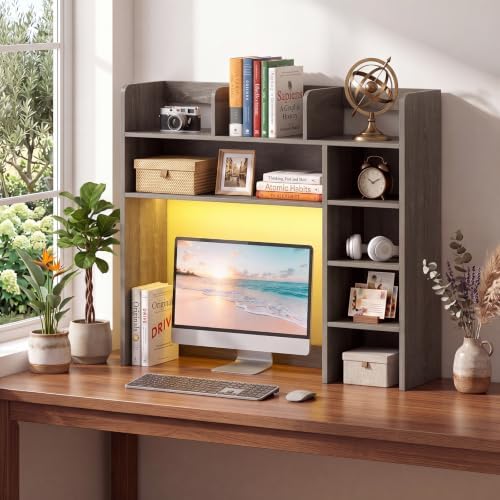 LDAILY Desktop Bookshelf with LED Lights, 35.5’’ Wooden Desk Shelf with 8 Cubes & 3 Adjustable Storage Shelves, 5-Tier Desk Hutch for Dorm College Office Computer Monitor Up to 25’’(Grey Oak) by LDAILY