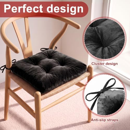 Geetery 4 Pack Velvet Chair Cushions for Dining Chairs, 16" x 16" Soft Velvet Chair Pads with Ties Comfy Solid Seat Cushion Party Home Office Living Room Outdoor Indoor(Black) - Image 4
