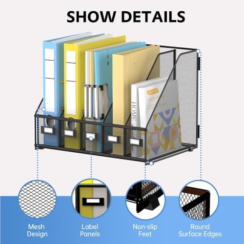 5 Vertical Compartments Magazine File Holder, Metal Binder Organizer, Black - Image 3