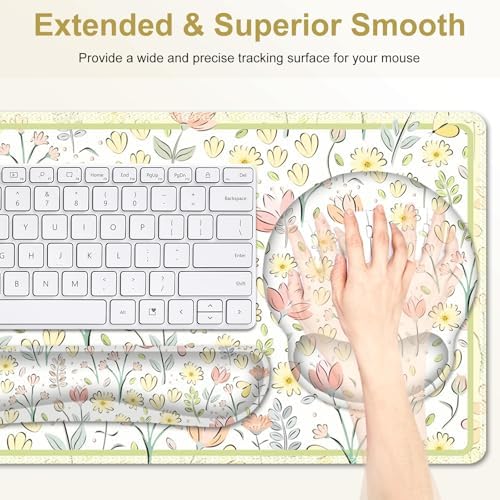 Desk Mat, 4in1 Large Mouse Pad with Wrist Rest, Cute Desk Mat, Anti-Slip XXL Computer Ergonomic Mousepad with Wrist Support for Keyboard and Mouse, Nice Yellow Flowers - Image 4