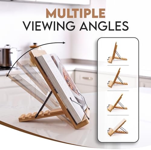 Bamboo Cookbook Stand Large, Adjustable Book Holder Tray and Page Paper Clips - Natural Color Large - 4-Position Recipe Book Stand Holds Thick Books for Kitchen Counter, Reading, Studying - Foldable - Image 4