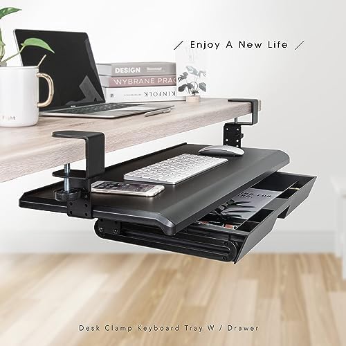 EHO Keyboard Tray with Drawer - Clamp On Under Desk Pull Out Extender Table Attachment Platform with Storage Organizer, Large 27.5" (31.8" Including Clamps) x 12.2", Height Adjustable for Home Office - Image 5