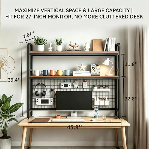 Desktop Bookshelf with Pegboard, 2-Tier Desk Hutch Storage Organizer Rack, Metal Frame & Wood Board, for 27-inch Monitor, Home Office & Dorm，Black,45.3" W - Image 2