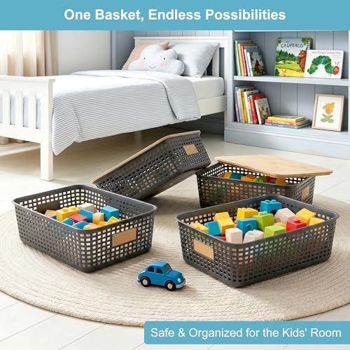 Bagnizer 4 Pack Plastic Storage Bins with Bamboo Lids, 6.2qt Stackable Storage Organizer Box with Lable for Pantry Shelves Drawers Desktop Office, 12"L x 8.3"W x 3.5"H, Gray - Image 4