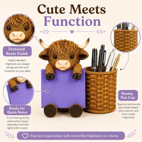 Highland Cow Note Pad Dispenser with Pen Cup, Desk Organizer - Image 5