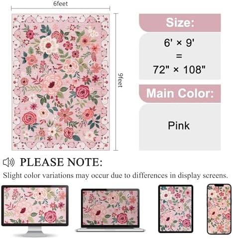 DUKINO 6x9 Area Rugs, Floral Washable Rug for Bedroom Non Slip, Pink - Image 2