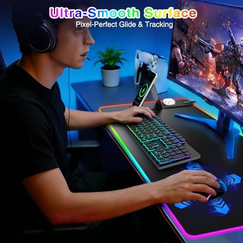 XXL RGB LED Gaming Mouse Pad with Magnetic Wireless Charger & Foldable Phone Holder, 31.5"x15.8" Extended Ultra-Smooth Desk Mat, 25 Lighting Effects, Non-Slip Base, Includes 20W PD Adapter - Image 4