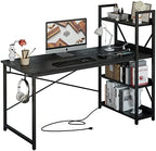 IRONCK Computer Desk 55" with Power Outlet and Storage Shelves, Study Writing Table with USB Ports Charging Station, PC Desk Workstation for Home Office, Black by IRONCK