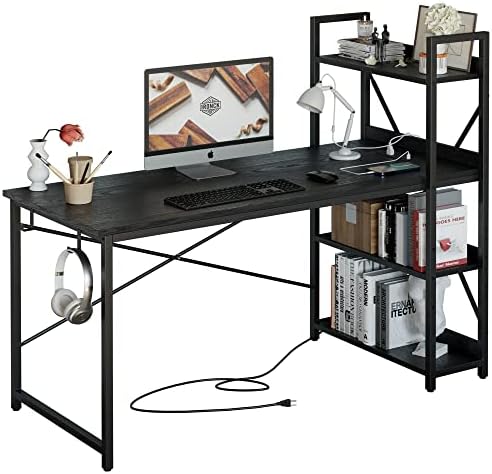 IRONCK Computer Desk 55" with Power Outlet and Storage Shelves, Study Writing Table with USB Ports Charging Station, PC Desk Workstation for Home Office, Black by IRONCK