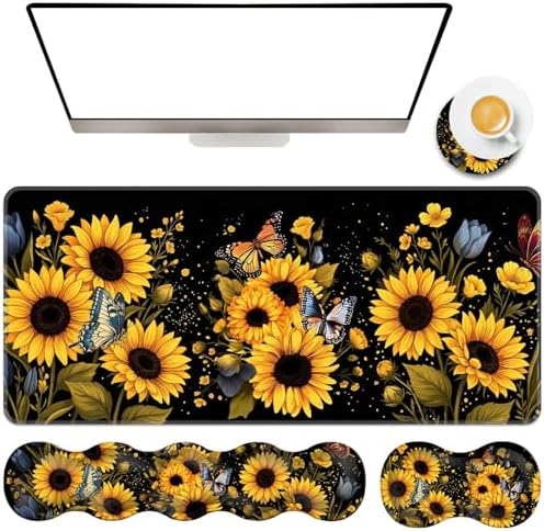 TGFEWYTJYJ Extended Gaming Mouse Pad,Memory Foam Ergonomic Keyboard Mouse Wrist Rest Support Set,Large Desk Mat with Stitched Edges,Non-Slip Base Mousepad Home Office,Retro Sunflowers Butterfly by GFEWYTJYJ