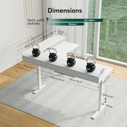 CubiCubi 63"x48" L Shaped Standing Desk with Drawers & Shelf, Warm White - Image 3