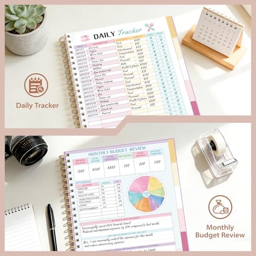 Ospelelf Budget Planner Undated, Money Expense Tracker with Pocket & Stickers, Thick Cardboard Cover, Large Pages for Spacious Writing, Original Fun Colorful Design, 12 Month Financial Notebook Beige - Image 4