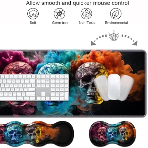 Ergonomic Keyboard Wrist Rest & Mouse Pad Wrist Rest Set, Large XXL Gaming Desk Mat 31.5"x 11.8" with Memory Foam, Easy Typing Pain Relief for Office & Home, Colored Skull - Image 4