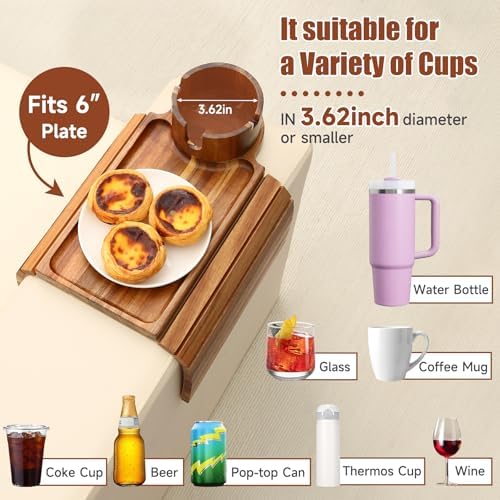 SINWANT Couch Cup Holder Tray,Fit Sofa Armrests 6.3" and Wider,Acacia - Image 3