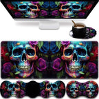 31.5"x 11.8" Oversized Gaming Mouse Pad Set, Ergonomic Keyboard and Mouse Wrist Rest + Cup Holder, Non-Slip Desktop Pad, Suitable for Home and Office Use, Colorful Rose Flower Skull by FOKBVNFLL