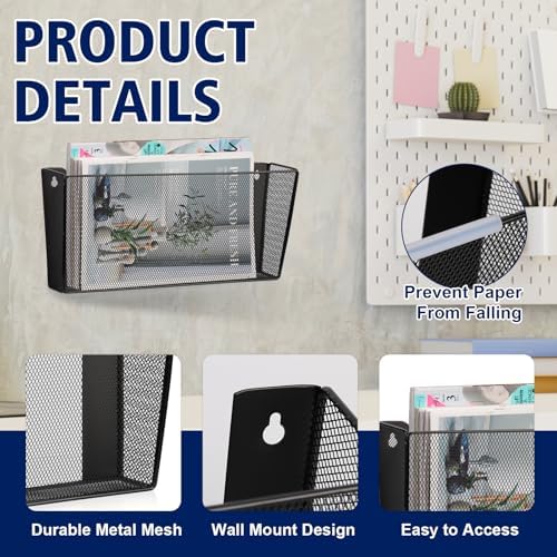 Single Pocket Wall File Holder Legal Size Metal Mesh Hanging File Folder Paper Organizer Black Wall Mounted Mail Organizer Magazine Rack for Office Home School 15.7" L x6.9 Wx3.4 H - Image 3