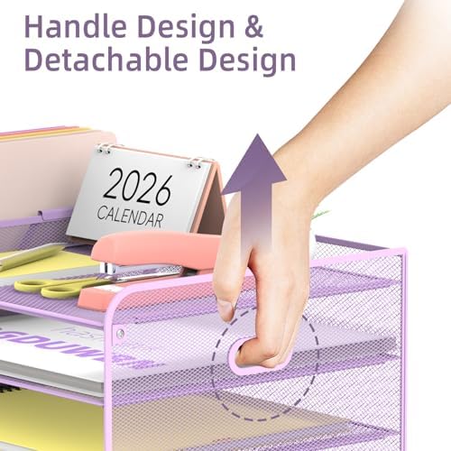 SUPEASY Mesh Desk Organizer with File Holder, 5-Tier Paper Letter Tray Organizer with Magazine Holder, Desktop Organizer and Storage with Drawer for Office Supplies Home or School (Purple) - Image 5