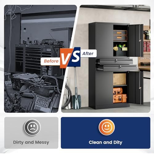 Yizosh Metal Garage Storage Cabinet with Locking Doors and Adjustable Shelves, 71" Tool Storage Cabinet with 2 Drawer for Garage,Warehouse - Image 7