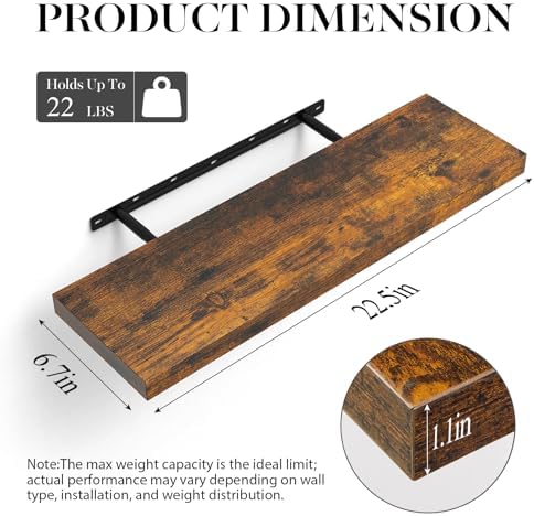BAYKA Rustic Brown Floating Shelves 22.5in, Set of 2, Wall Mount Wood Shelf - Image 3